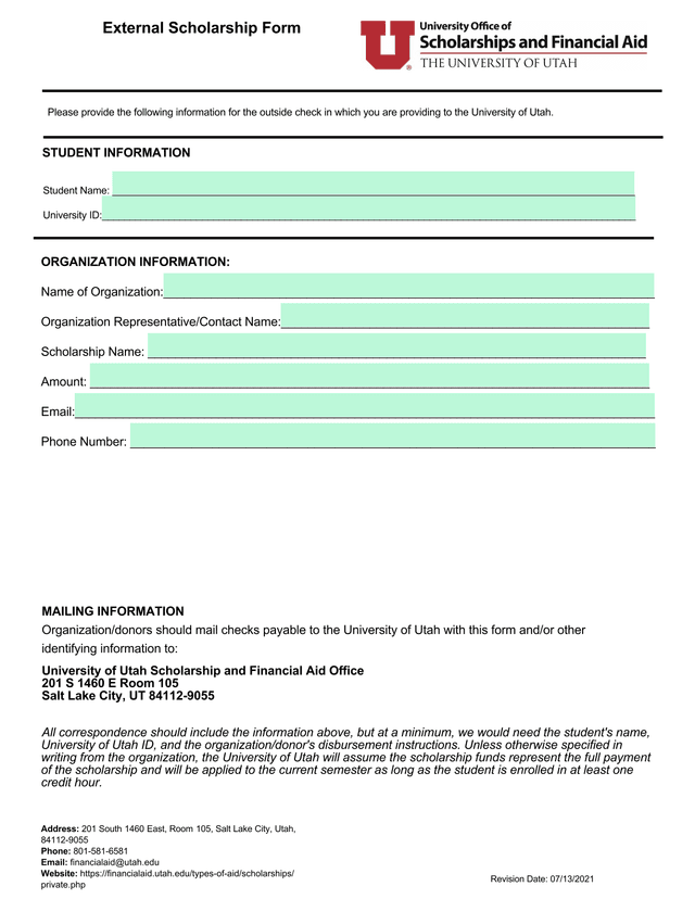 External Scholarship Form screenshot