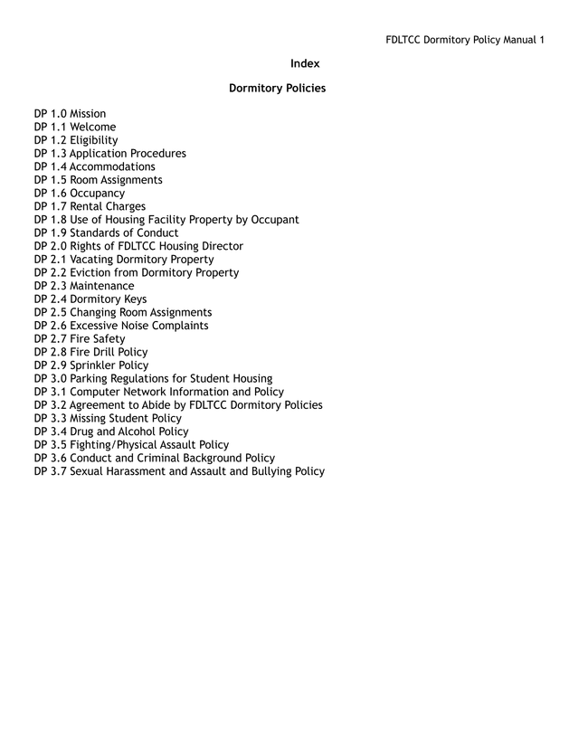 FDLTCC Dormitory Policy Manual screenshot