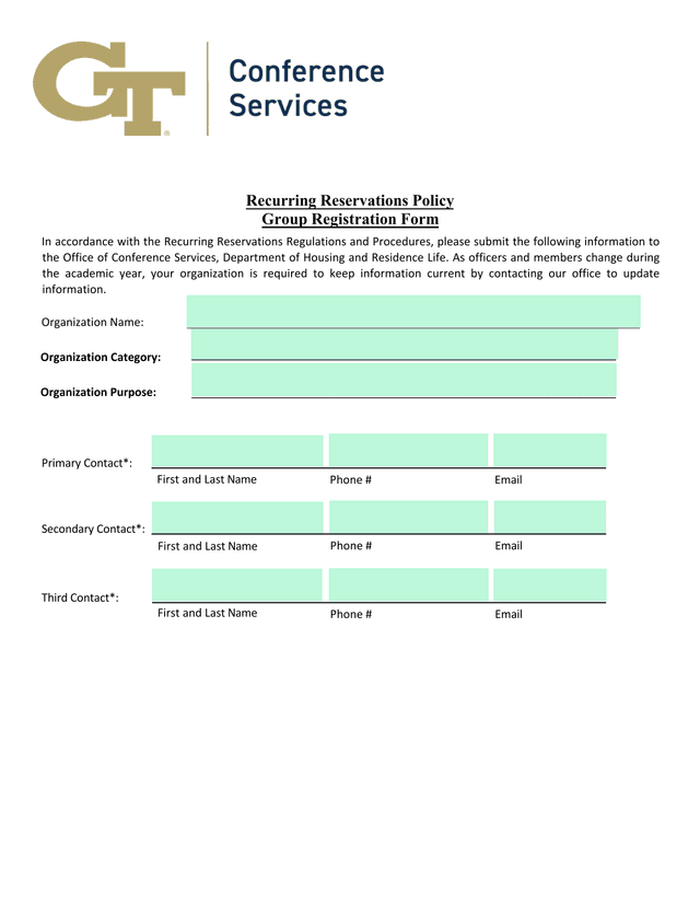 Recurring Reservations Policy Group Registration Form screenshot