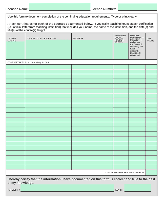 Continuing Education Requirements Documentation Form screenshot