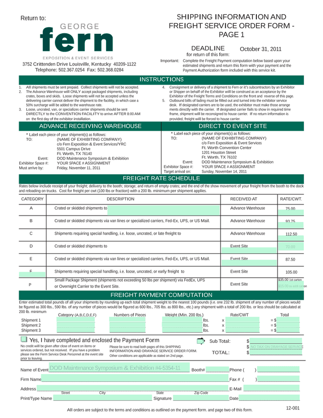 Shipping Information And Freight Service Order Form screenshot