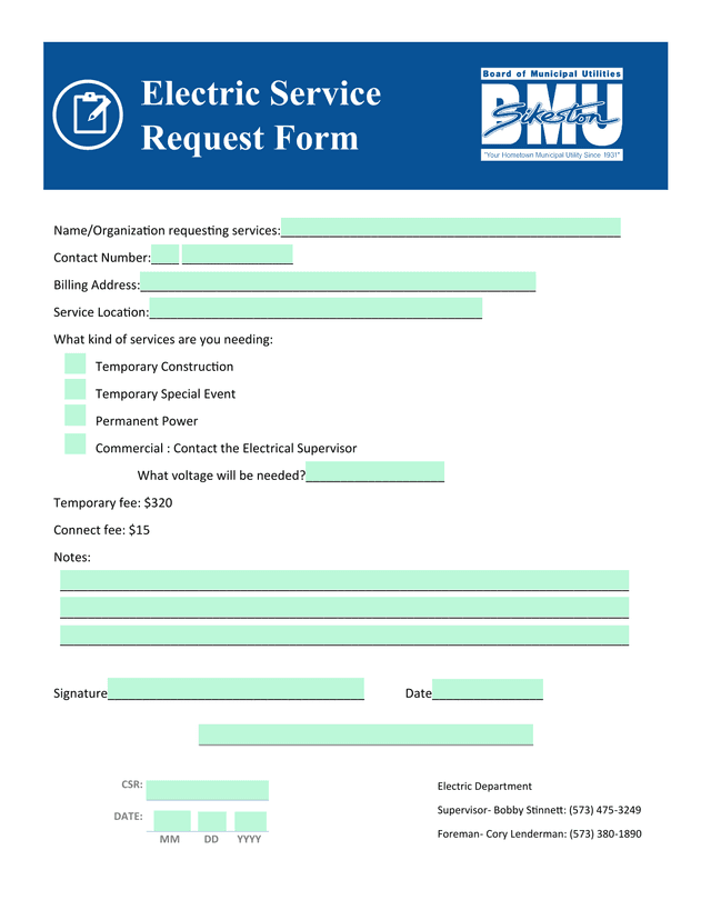 Electric Service Request Form screenshot