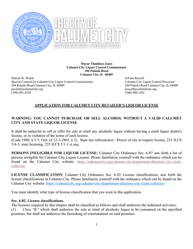 APPLICATION FOR CALUMET CITY RETAILERS LIQUOR LICENSE screenshot