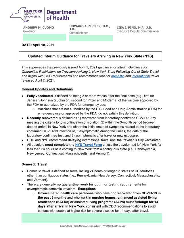 Interim Guidance For Quarantine Restrictions On Travelers Arriving In New York State screenshot