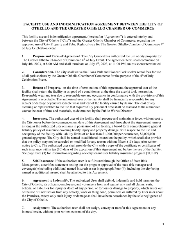 Facility Use And Indemnification Agreement Between The City Of Othello And The Greater Othello Chamb screenshot