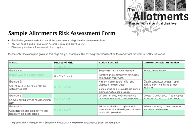 Sample Allotments Risk Assessment Form screenshot