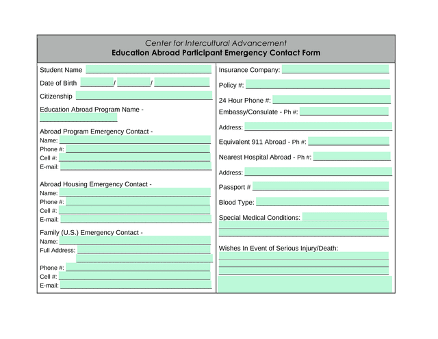 Education Abroad Participant Emergency Contact Form screenshot