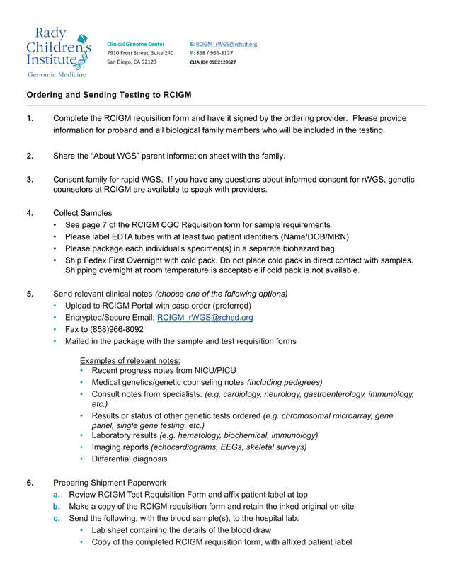 RCIGM Clinical Genome Center Rapid Whole Genome Sequencing Testing Requisition Instructions screenshot