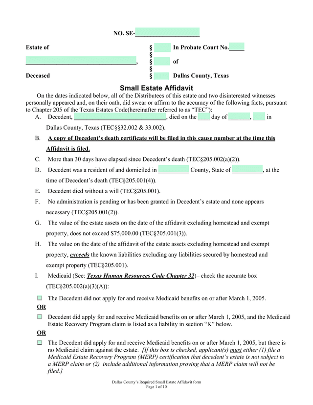 Dallas CountyS Required Small Estate Affidavit screenshot