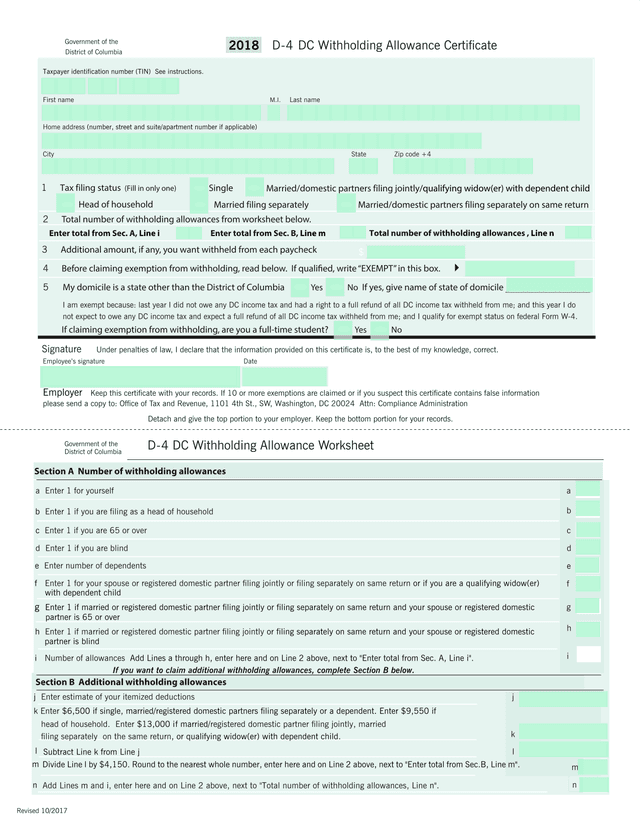 D 4 DC Withholding Allowance Worksheet screenshot