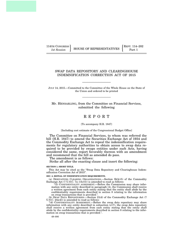 Swap Data Repository And Clearinghouse Indemnification Correction Act Of 2015 screenshot