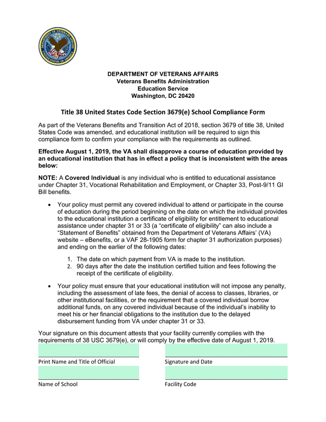 Title 38 United States Code Section 3679(E) School Compliance Form screenshot