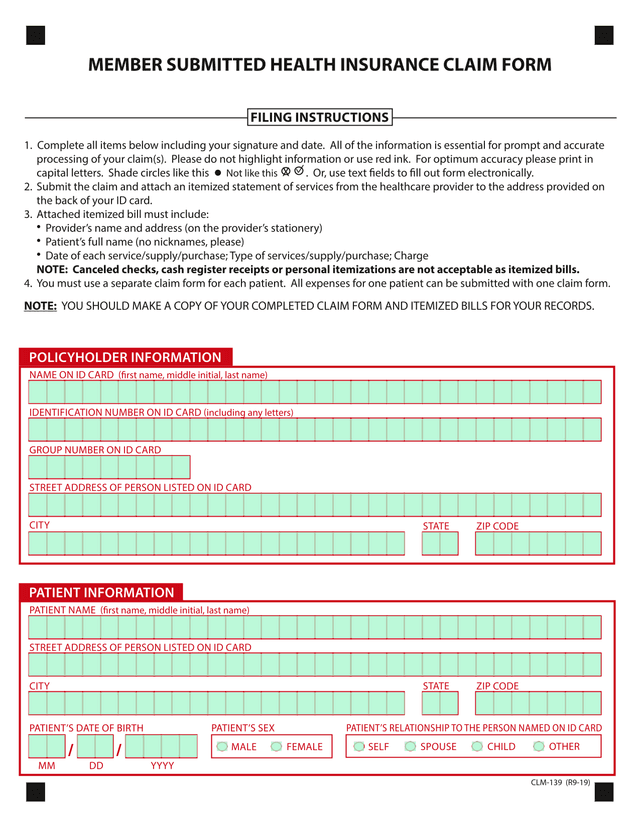 CLM 139 Member Submitted Health Insurance Claim Form screenshot