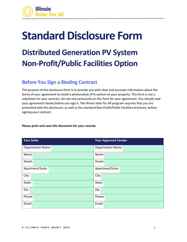 Standard Disclosure Form Distributed Generation PV System Non ProfitPublic Facilities Option screenshot