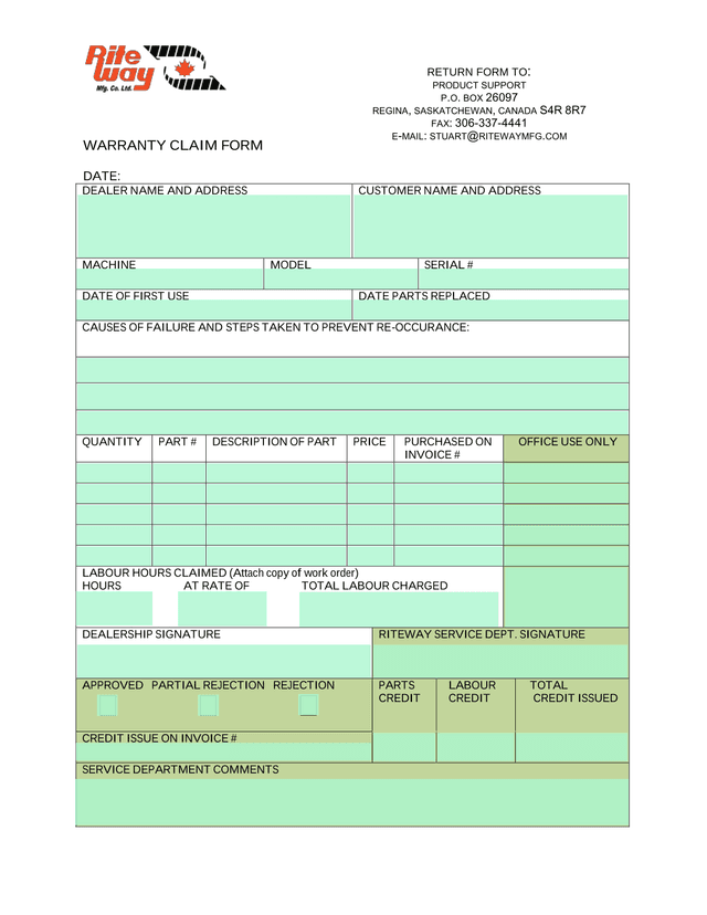 WARRANTY CLAIM FORM screenshot