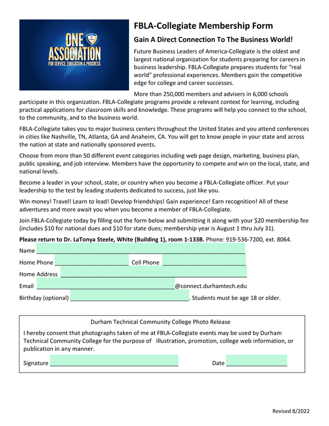 FBLA Collegiate Membership Form screenshot