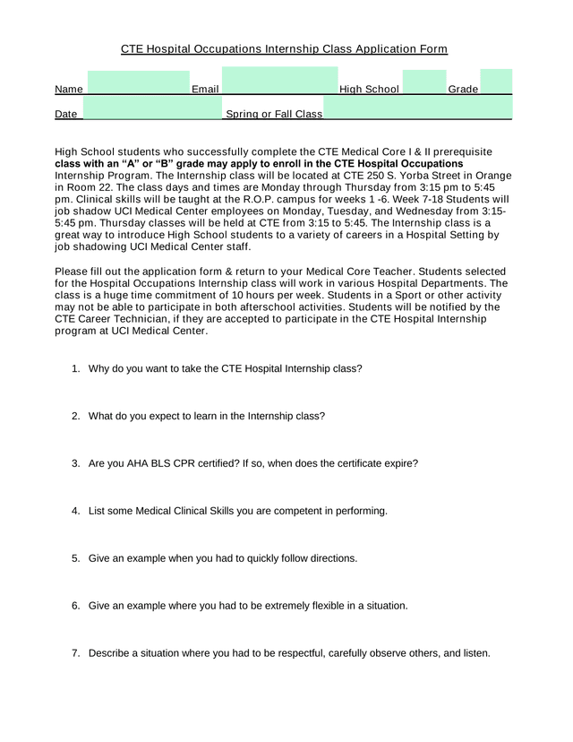 CTE Hospital Occupations Internship Class Application Form screenshot