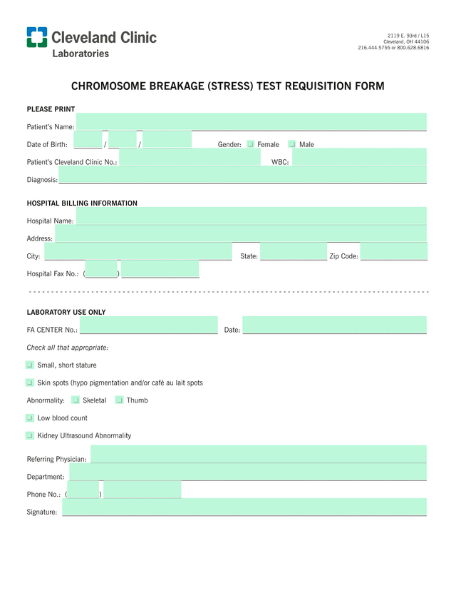 Chromosome Breakage (Stress) Test Requisition Form screenshot