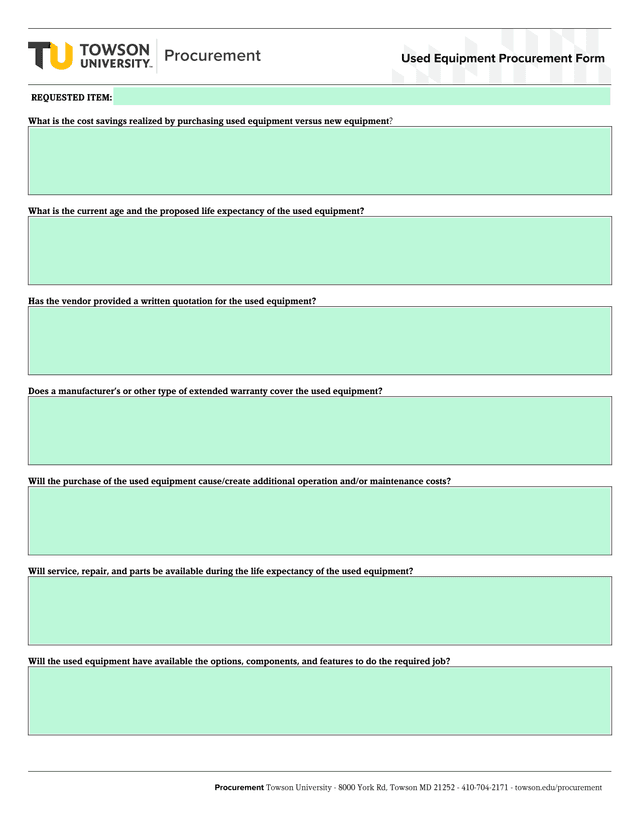 Used Equipment Procurement Form screenshot