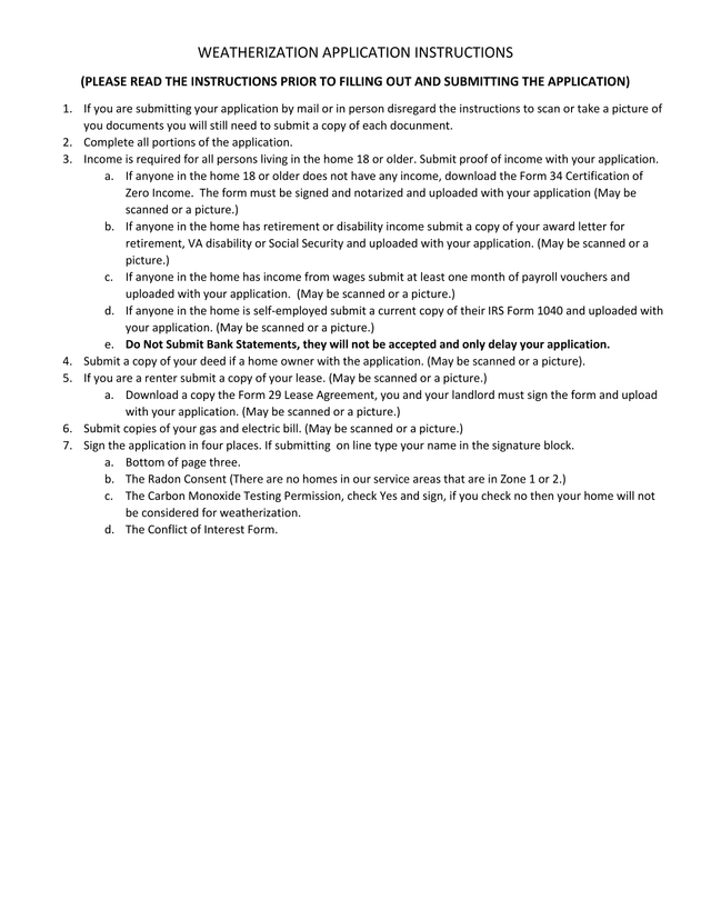 Weatherization Application Instructions screenshot
