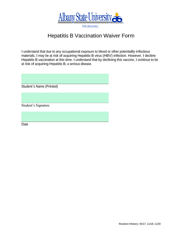 Hepatitis B Vaccination Waiver Form screenshot