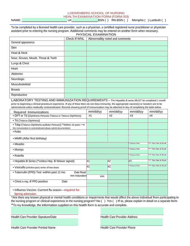 Health Examination Form (Form 003) screenshot