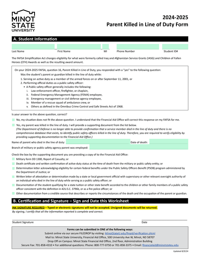 Parent Killed In Line Of Duty Form screenshot