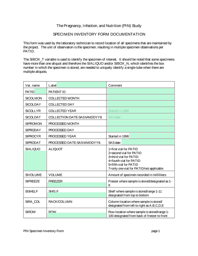 PIN Specimen Inventory Form screenshot