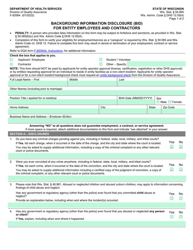 Background Information Disclosure (BID) For Entity Employees And Contractors screenshot