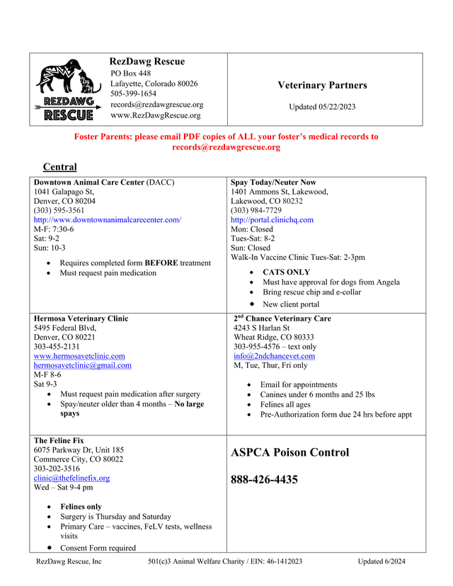 RezDawg Rescue Veterinary Partners List screenshot