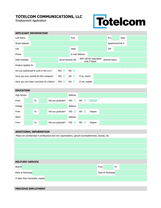 TOTELCOM COMMUNICATIONS, LLC Employment Application screenshot