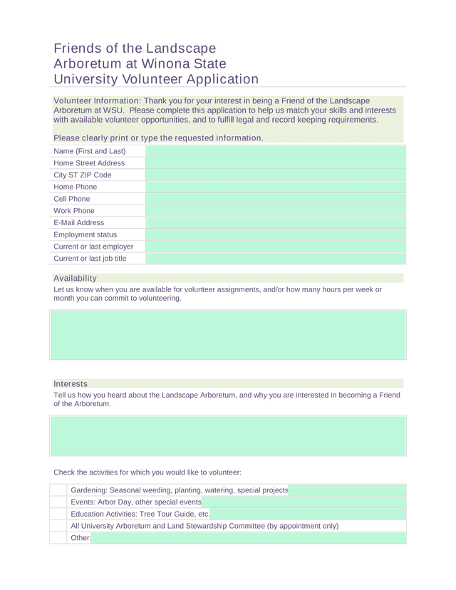 Friends Of The Landscape Arboretum At Winona State University Volunteer Application screenshot