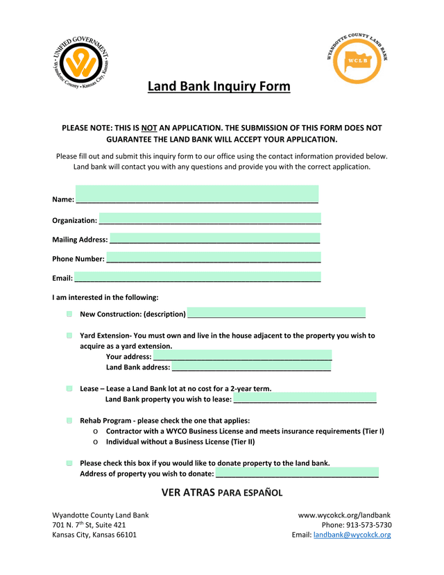 Land Bank Inquiry Form screenshot