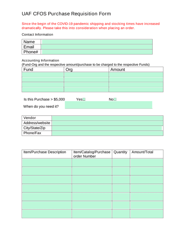 UAF CFOS Purchase Requisition Form screenshot