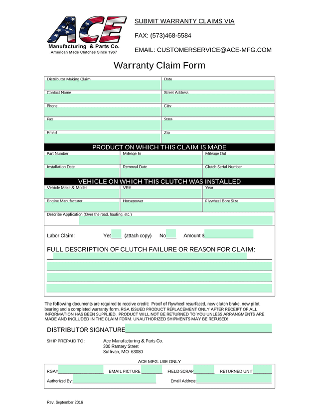 Warranty Claim Form screenshot