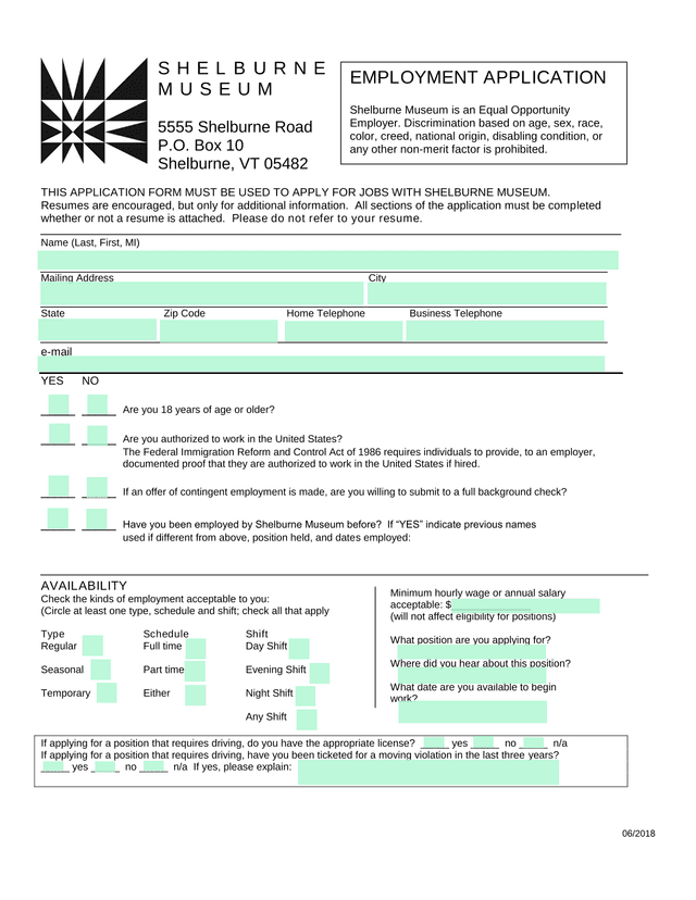 Shelburne Museum Employment Application screenshot