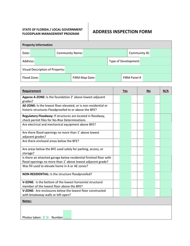 STATE OF FLORIDA  LOCAL GOVERNMENT FLOODPLAIN MANAGEMENT PROGRAM ADDRESS INSPECTION FORM screenshot
