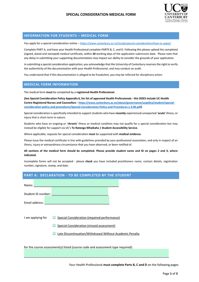 Special Consideration Medical Form screenshot
