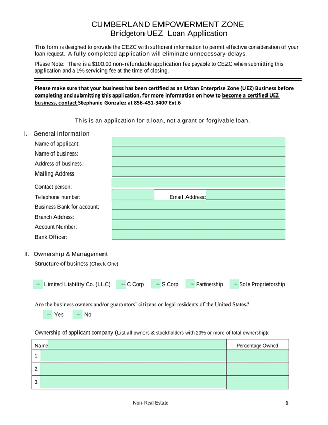 Cumberland Empowerment Zone Bridgeton UEZ Loan Application screenshot