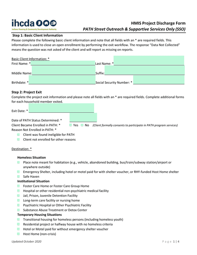 HMIS Project Discharge Form screenshot
