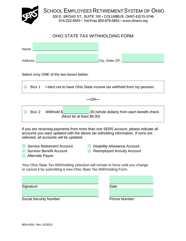 Ohio State Tax Withholding Form screenshot