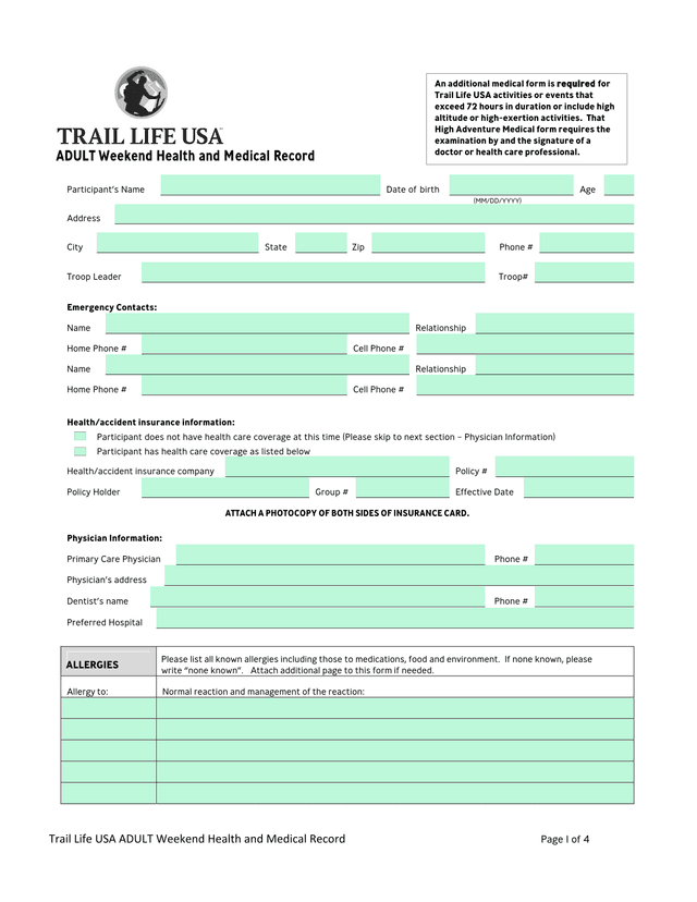 Trail Life USA ADULT Weekend Health And Medical Record screenshot