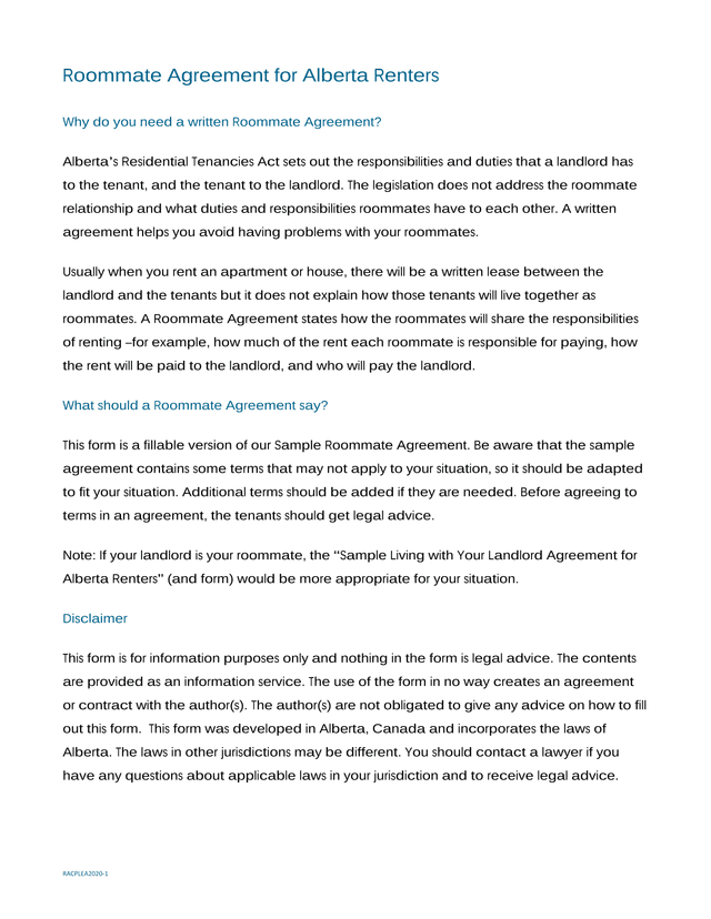 Roommate Agreement For Alberta Renters screenshot
