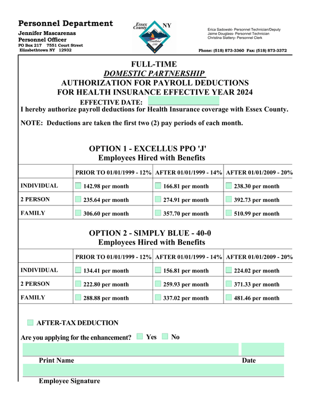 FULL TIME DOMESTIC PARTNERSHIP AUTHORIZATION FOR PAYROLL DEDUCTIONS FOR HEALTH INSURANCE EFFECTIVE Y screenshot