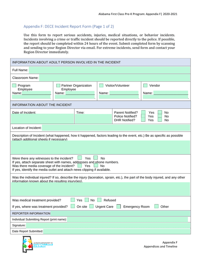 Alabama First Class Pre K Program Appendix F   DECE Incident Report Form screenshot