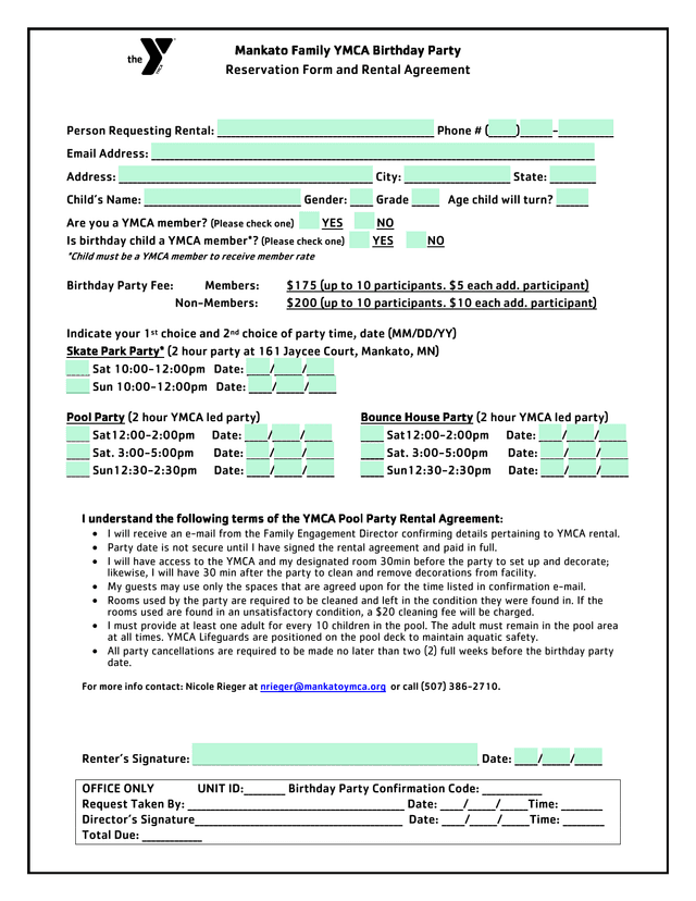 Mankato Family YMCA Birthday Party Reservation Form And Rental Agreement screenshot