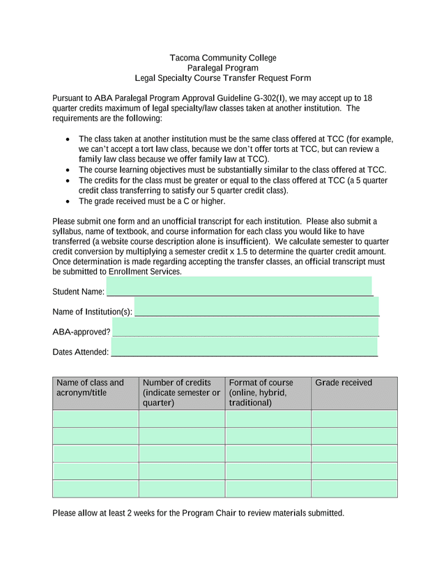 Paralegal Program Legal Specialty Course Transfer Request Form screenshot