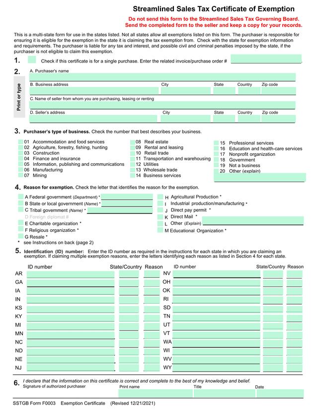 Streamlined Sales Tax Certificate Of Exemption screenshot