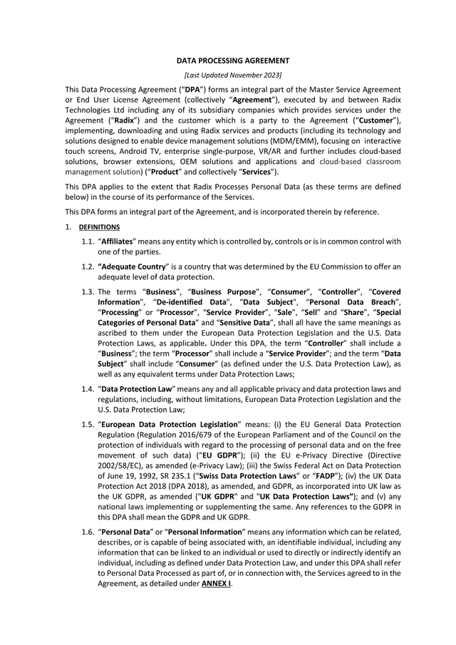 Data Processing Agreement screenshot