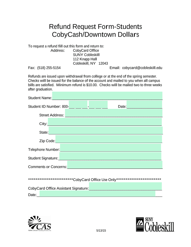Refund Request Form Students screenshot
